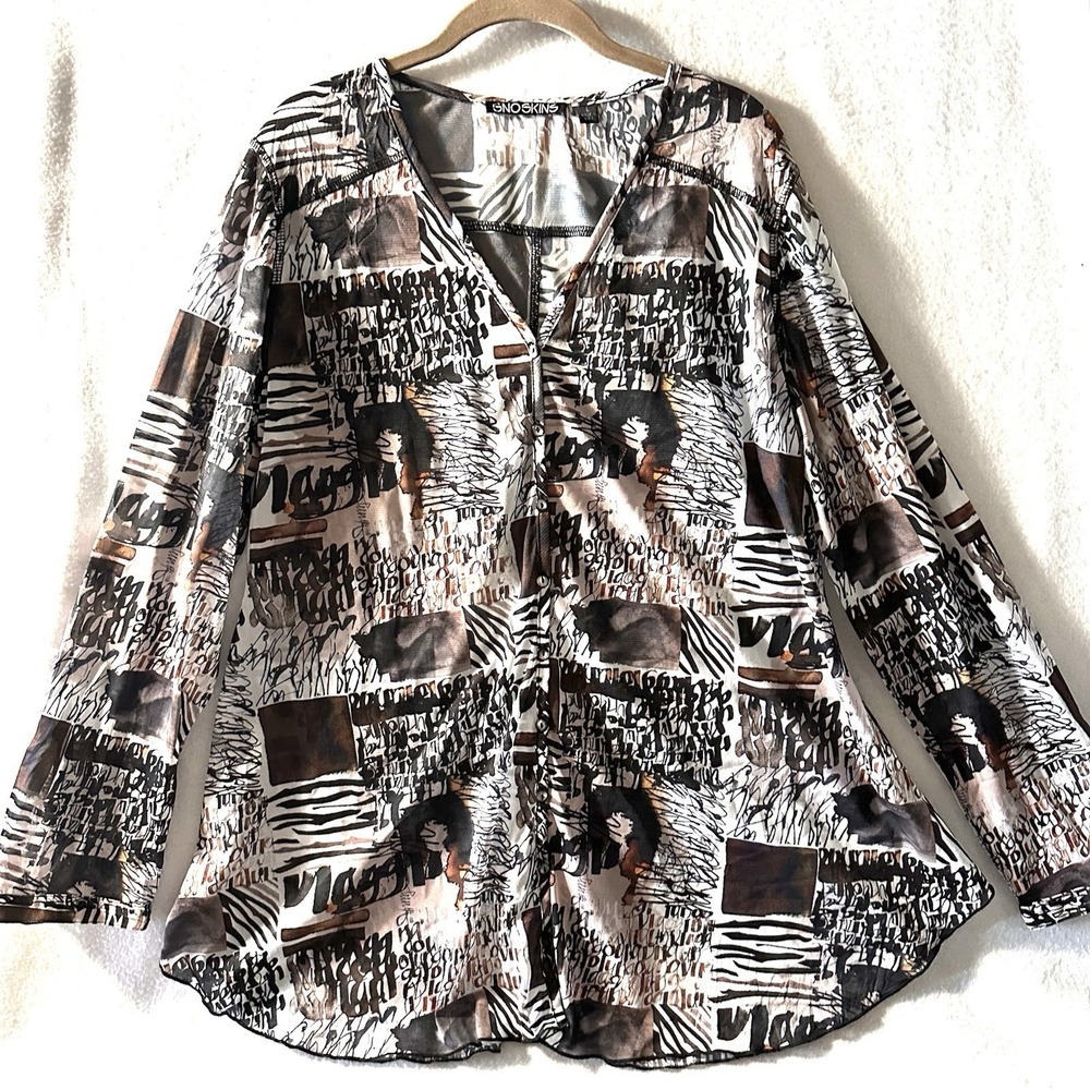 Sno Skins L Large Graffiti V-Neck Roll Tab Sleeve Asymmetrical Hem Brown Top